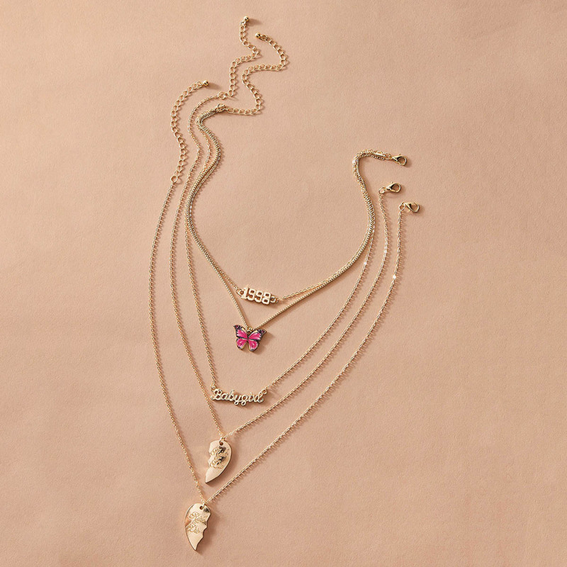 

3pcs Butterfly & Letter Charm Necklace, Gold