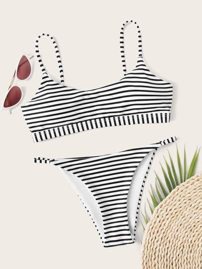 Striped Adjustable Strap Tanga Bikini Swimsuit