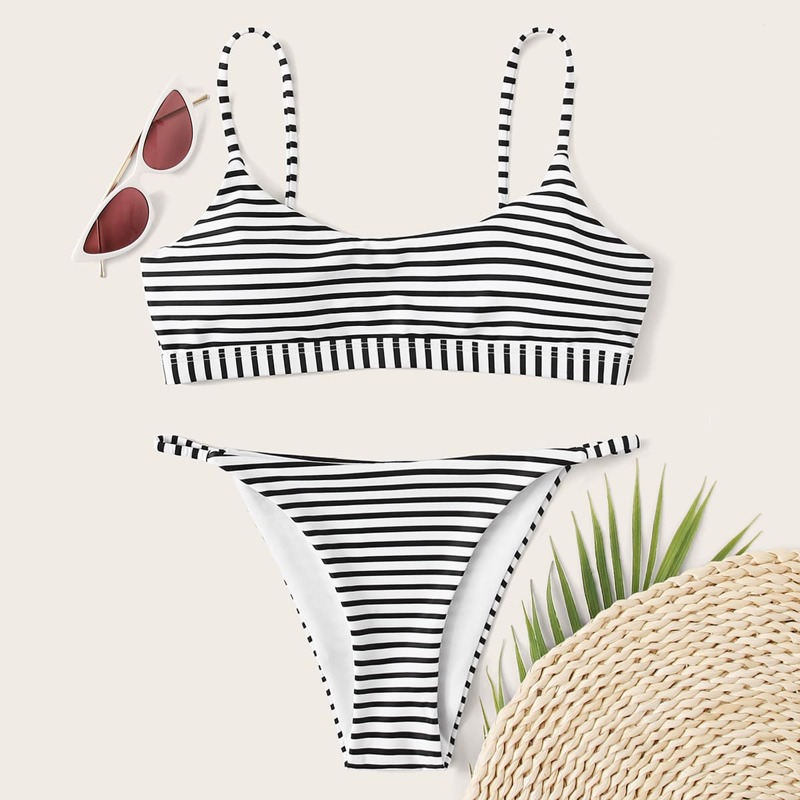 

Striped Adjustable Strap Tanga Bikini Swimsuit, Black and white