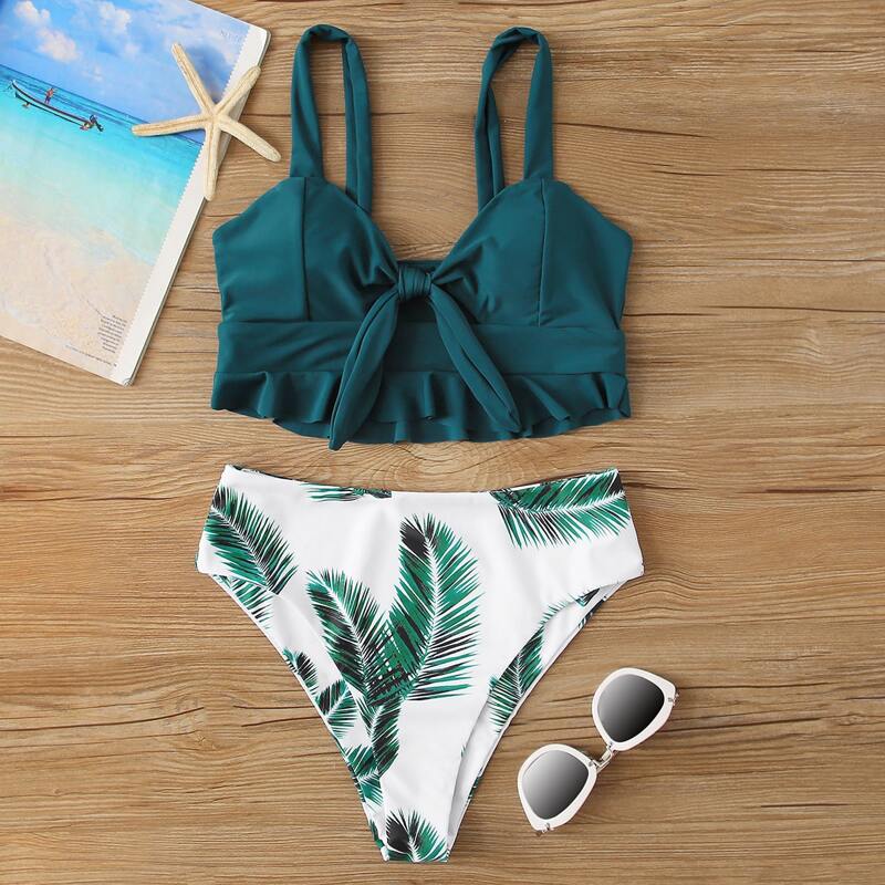 

Tropical Ruffle Tie Front High Waisted Bikini Swimsuit, Multicolor