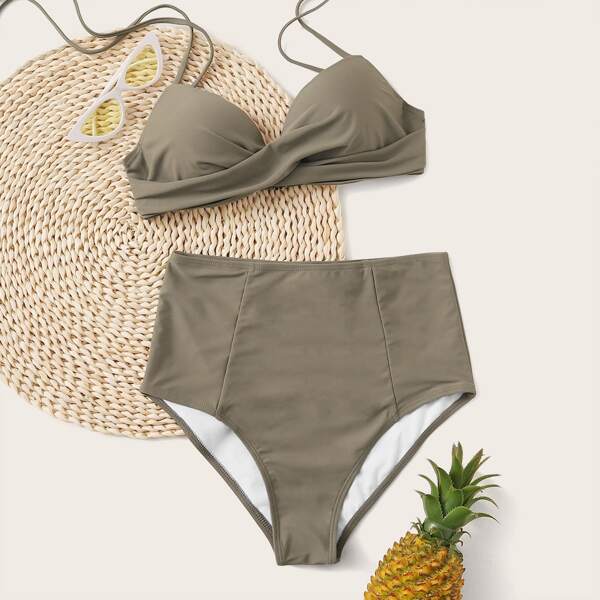 

Twist Front Halter High Waisted Bikini Swimsuit, Khaki