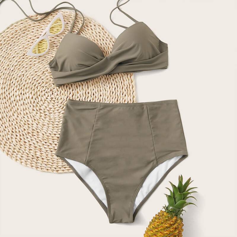 

Twist Front Halter High Waisted Bikini Swimsuit, Khaki