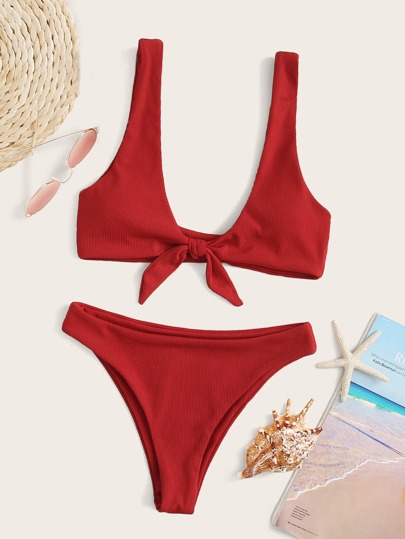 Rib-knit Tie Front Bikini Swimsuit