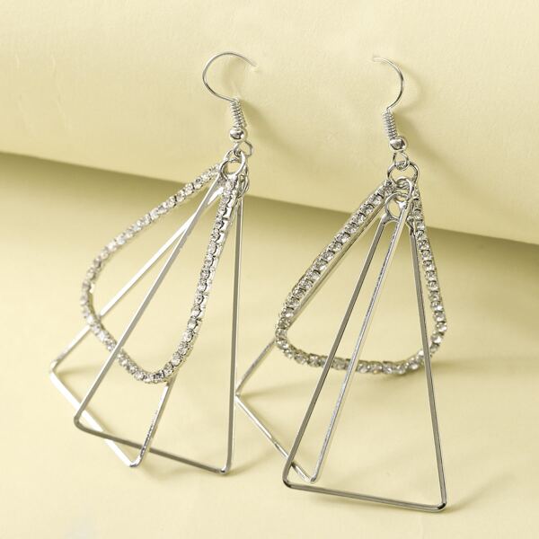 

1pair Rhinestone Engraved Geometric Drop Earrings, Silver