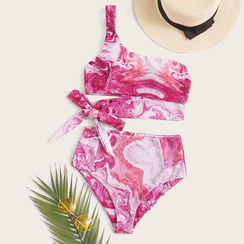

Tie Dye One Shoulder High Waisted Bikini Swimsuit, Pink
