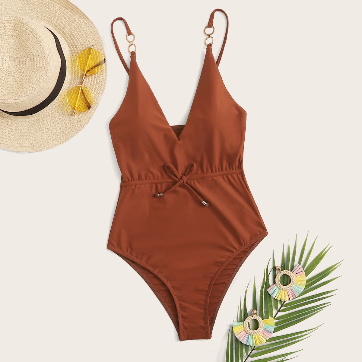 

Ring Linked Strap One Piece Swimsuit, Brown