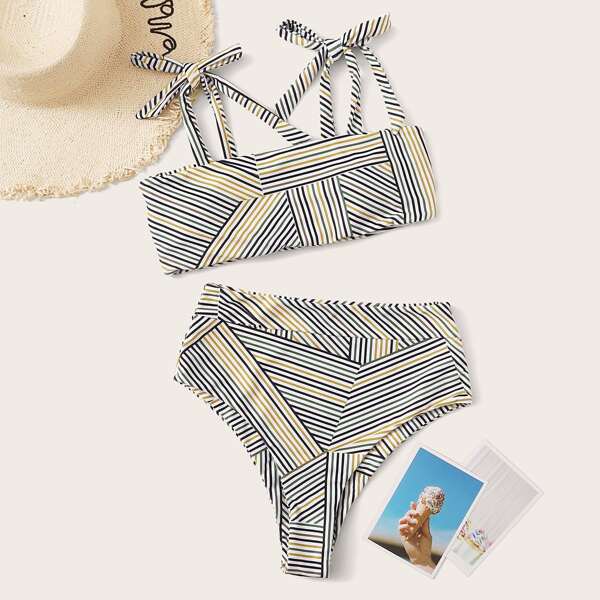 

Striped Tie Shoulder High Waisted Bikini Swimsuit, Multicolor