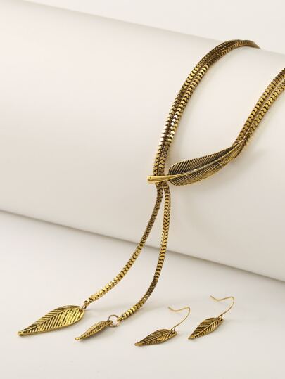3pcs Metallic Leaf Charm Necklace & Earrings