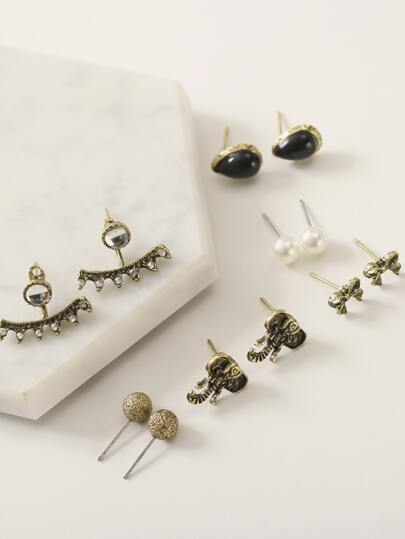 6pairs Faux Pearl & Bow Decor Stud Earrings