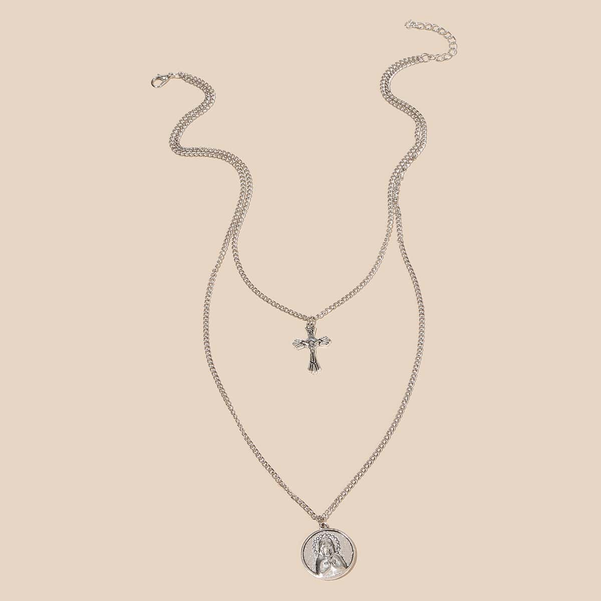 

1pc Cross Layered Chain Necklace, Silver