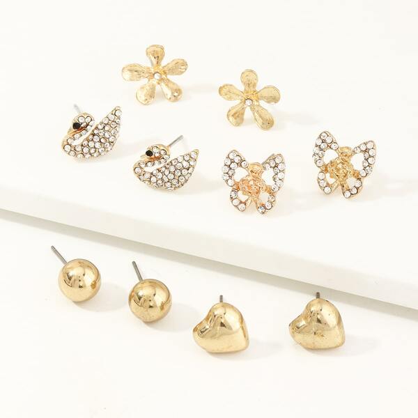 

5pairs Rhinestone Decor Butterfly & Swan Design Earrings, Gold