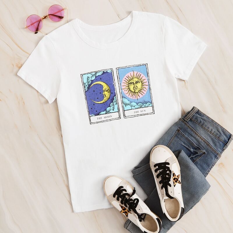 

Sun And Moon Print Short Sleeve Tee, White