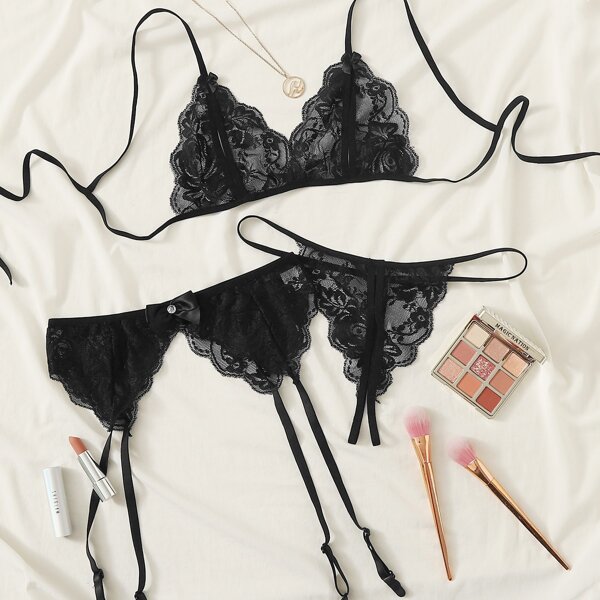 

Floral Lace Garter Lingerie Set, Black