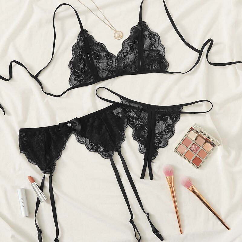 

Floral Lace Garter Lingerie Set, Black