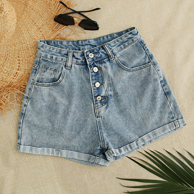 

Button Fly Roll Up Hem Denim Shorts, Blue