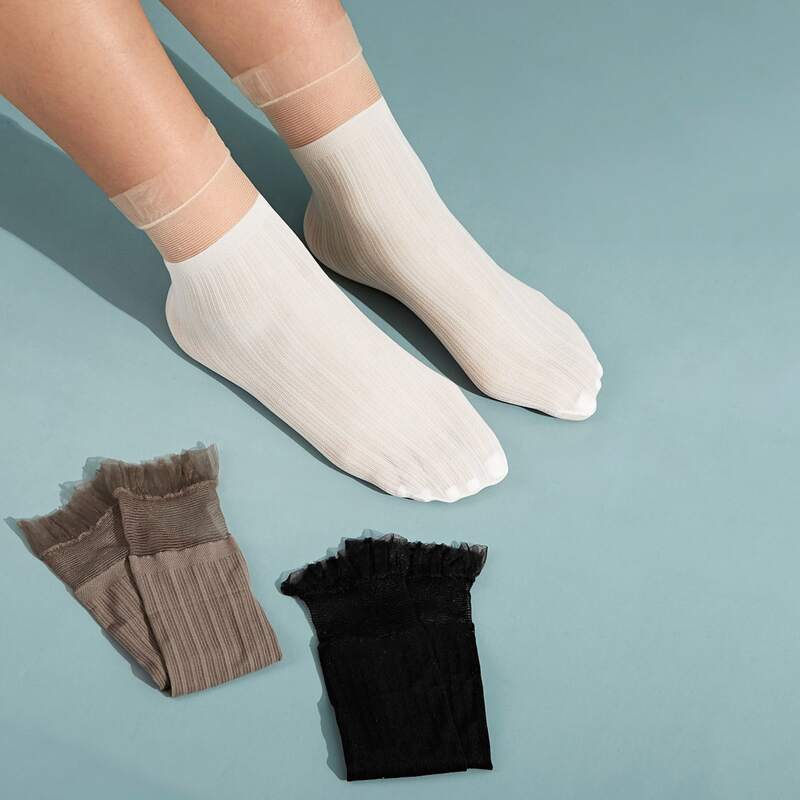 

3pairs Ribbed Sheer Mesh Socks, Multicolor