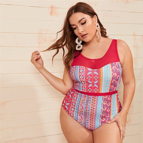 

Plus Tribal Contrast Mesh One Piece Swimsuit, Multicolor