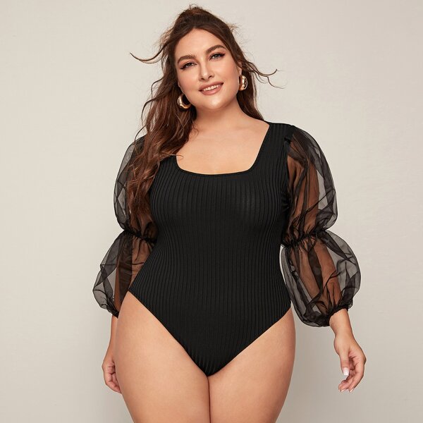 

Plus Organza Lantern Sleeve Rib-knit Bodysuit, Black