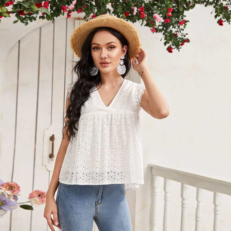 

Guipure Lace Panel Peplum Schiffy Blouse, White