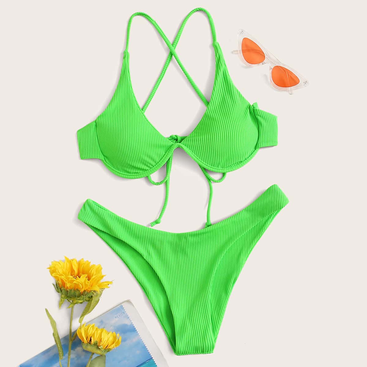 

Neon Green Rib Underwire High Cut Bikini Swimsuit, Green bright