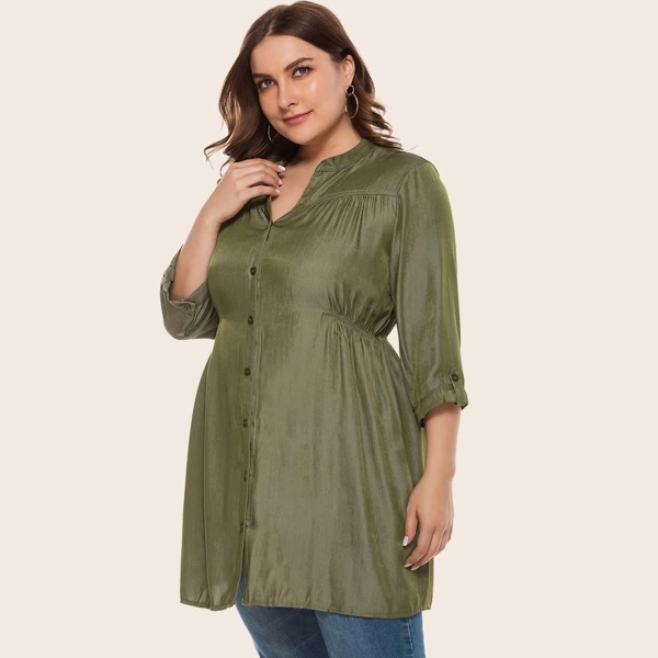 

Plus Notched Neck Button Front Longline Blouse, Army green