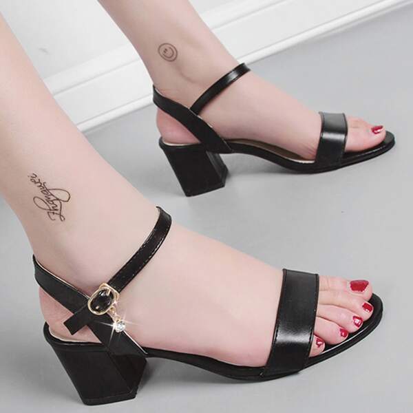 

Rhinestone Decor Open Toe Chunky Heels, Black