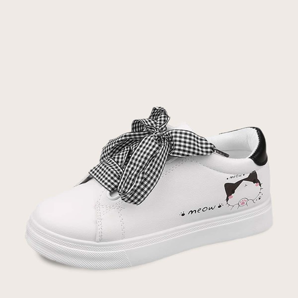

Cartoon Graphic Gingham Lace-up Front Sneakers, White