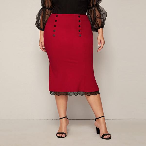 

Plus Double Breasted Lace Hem Mermaid Skirt, Red