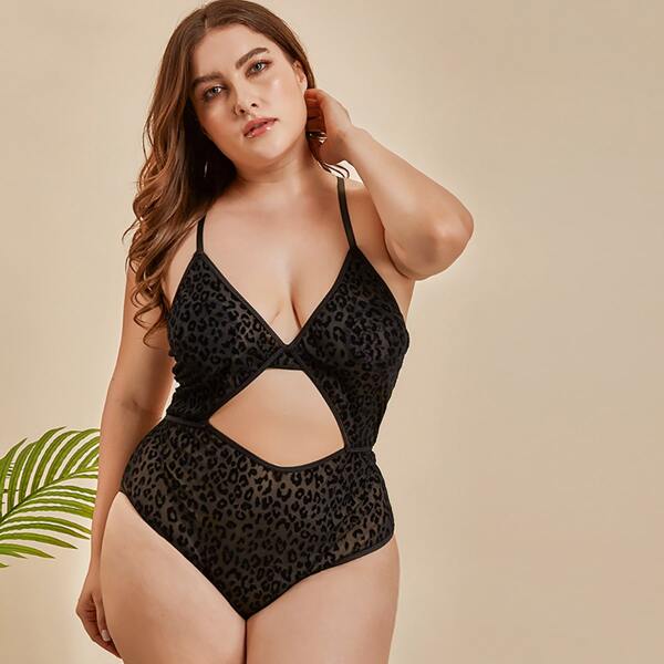 

Леопардовое боди размера плюс с разрезом, Чёрный