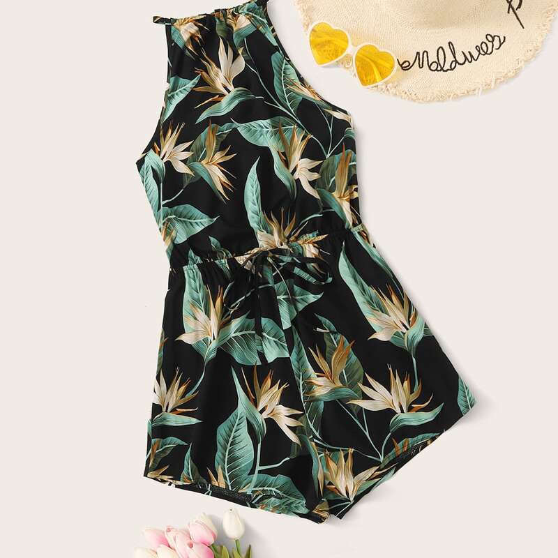 

Tie Waist Tropical Print Halter Romper, Multicolor
