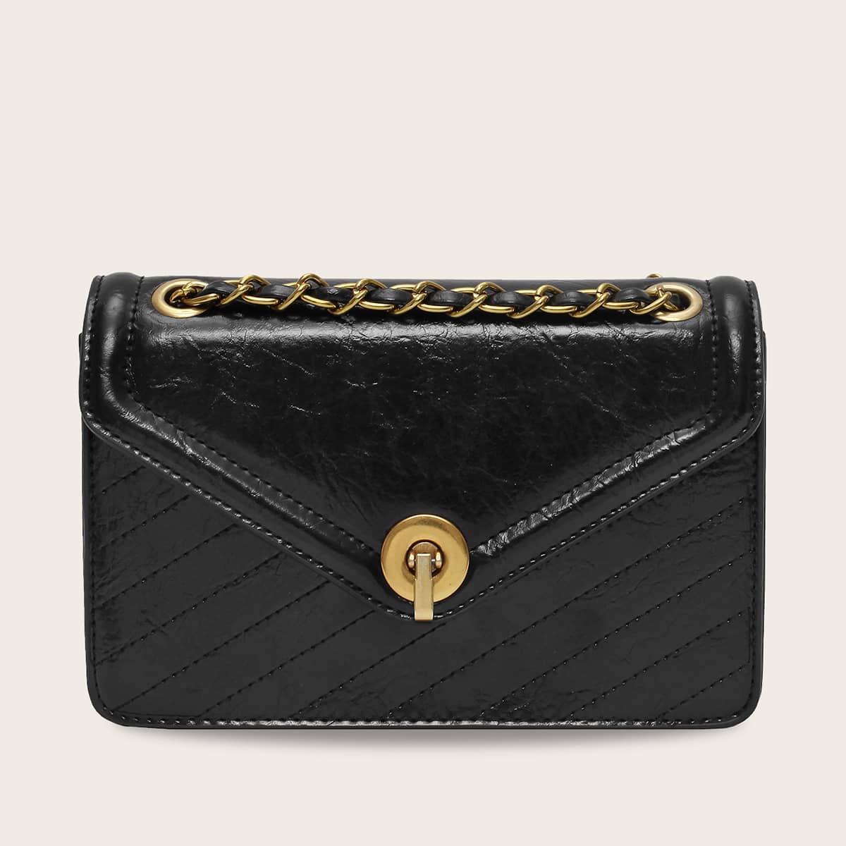 

Stitch Detail Flap Chain Bag, Black