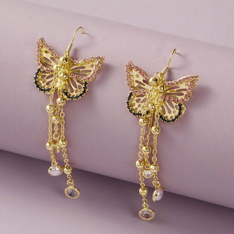 

1pair Butterfly Decor Chain Drop Earrings, Gold