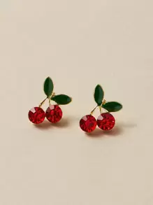 Andkiss 1 par Pendientes de botón con diseño de cereza grabada con diamante de imitación - Multicolor - Ver 2