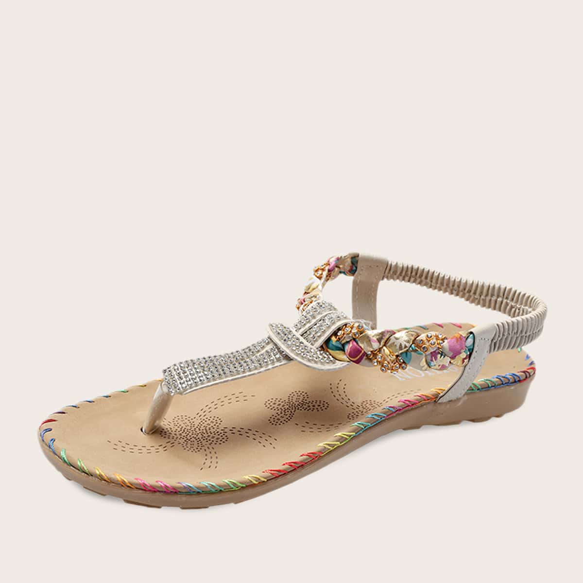 

Rhinestone Decor Toe Post Flat Sandals, Multicolor