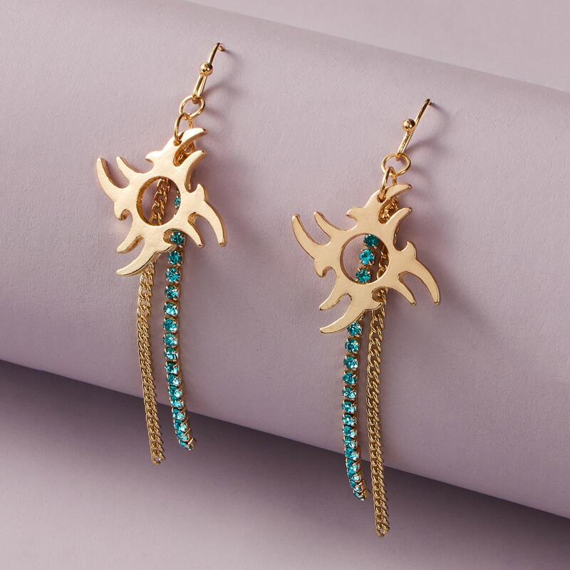 

1pair Rhinestone Engraved & Tassel Decor Drop Earrings, Multicolor