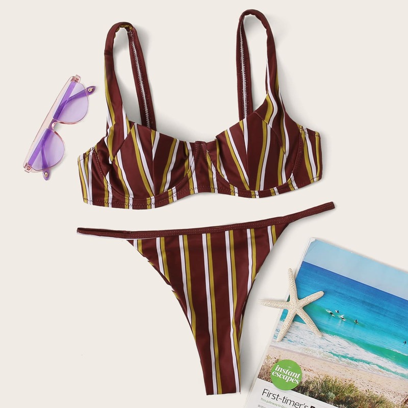 

Striped Underwire Tanga Bikini Swimsuit, Burgundy