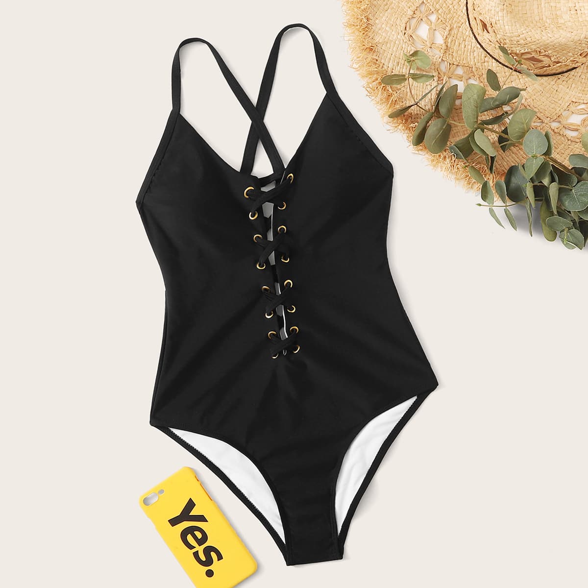 

Lace Up Front One Piece Swimsuit, Black