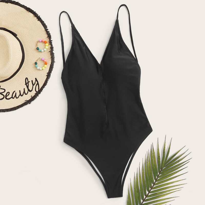 

Zip Front One Piece Swimsuit, Black