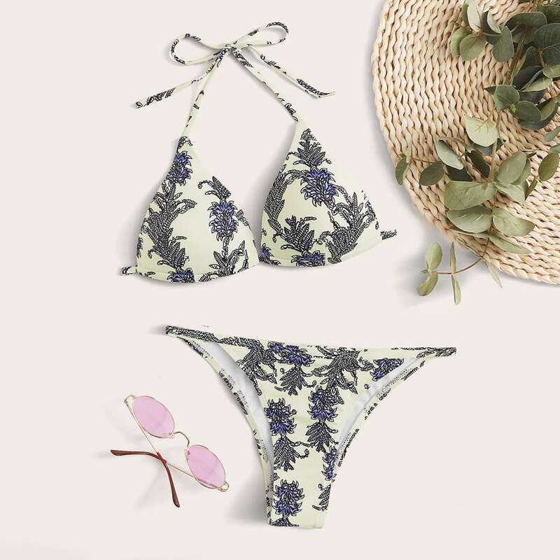 

Triangle Halter Random Plant Tanga Bikini Swimsuit, Multicolor