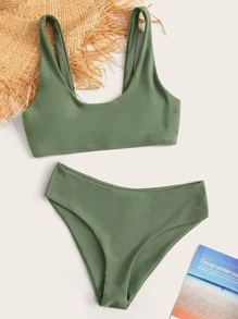 Plain Scoop Neck Bikini Set Summer Beach - Army Green - View 1