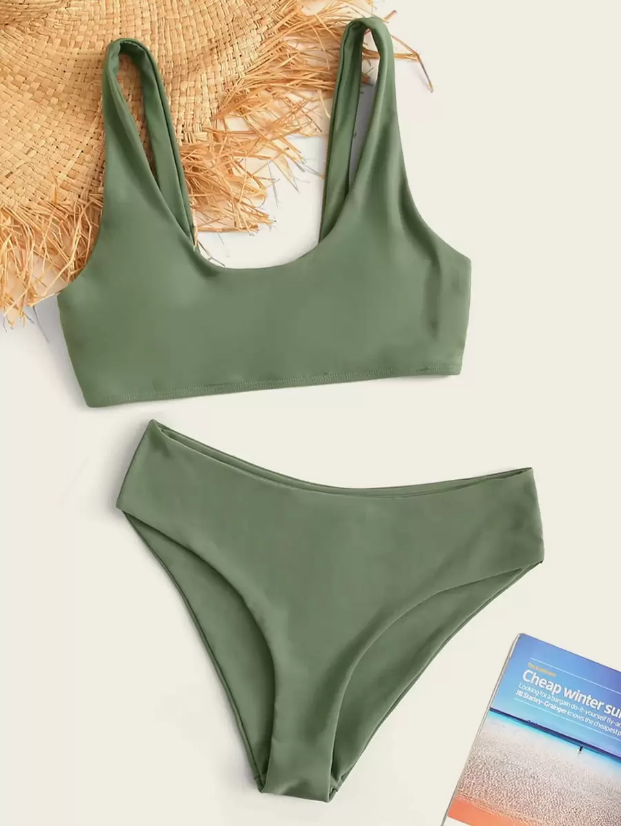 Plain Scoop Neck Bikini Set Summer Beach - Army Green - View 1