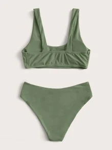 Plain Scoop Neck Bikini Set Summer Beach - Army Green - View 2