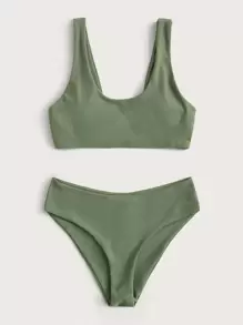 Plain Scoop Neck Bikini Set Summer Beach - Army Green - View 3