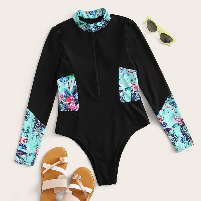 

Contrast Tropical Long Sleeve One Piece Swimsuit, Black