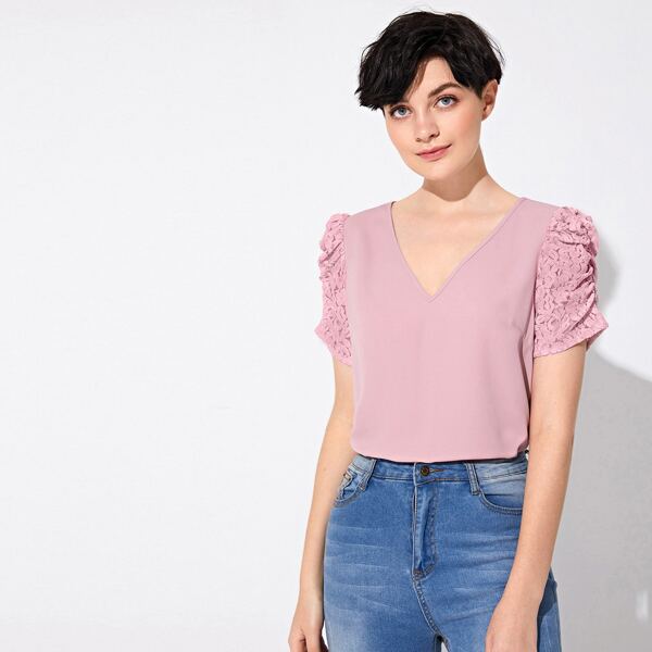 

Lace Puff Sleeve Solid Top, Pink