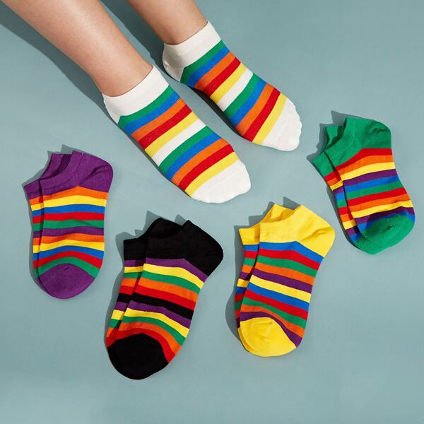 

5pairs Rainbow Striped Pattern Socks, Multicolor