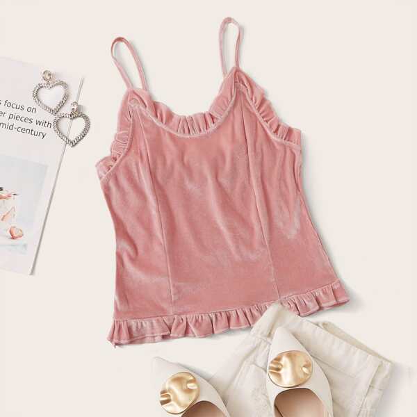 

Frill Detail Velvet Cami Top, Pink