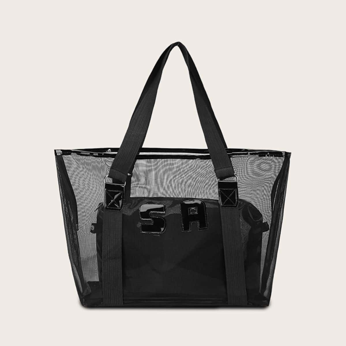 

Minimalist Mesh Tote Bag With Inner Pouch, Black