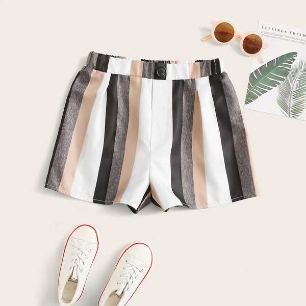 

Girls Button Detail Colorblock Striped Shorts, Multicolor