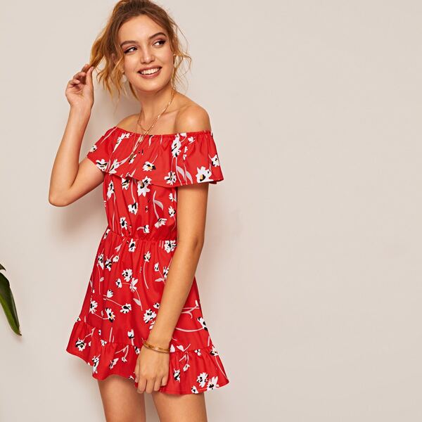 

Bardot Floral Print Ruffle Hem Dress, Red